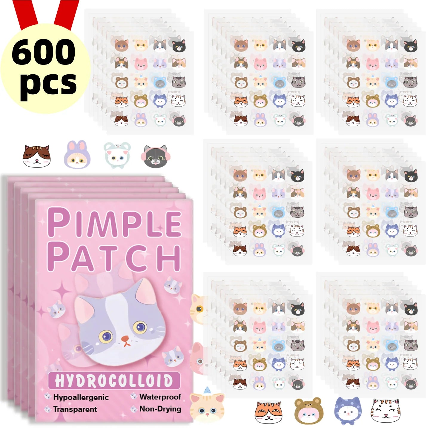 600 Pieces of Cartoon Cat Acne Patches, Facial Acne Patches, Concealer Acne Patches, and Pimples Patches. Ultra-Thin and Breathable