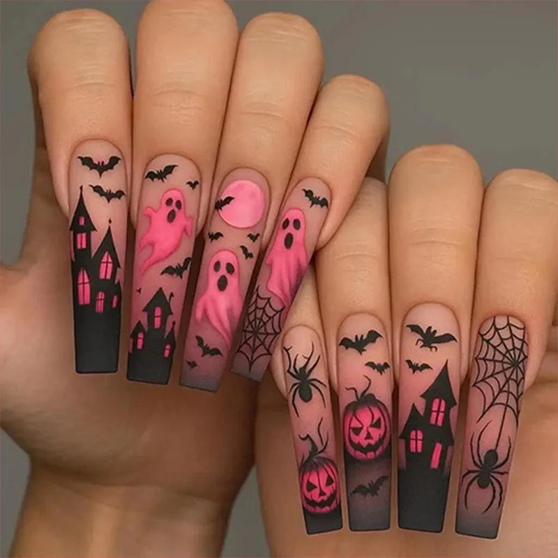 24pc Halloween Skull Press On Nails, Glitter Pink Ballet Tips
