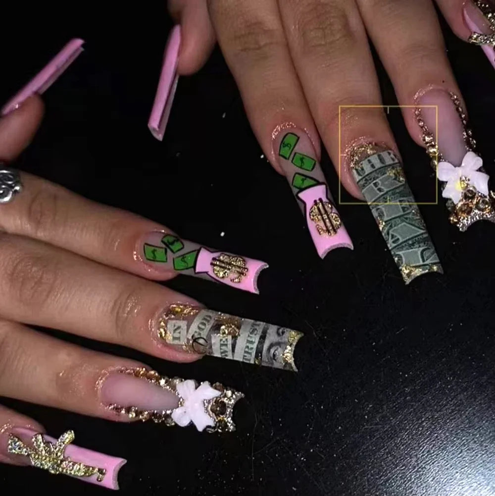 24pcs long square Press on Nails wealth decora French 3D Bow rhinestone Pink Fake Nails Cute Long Nail Art wearable detachable