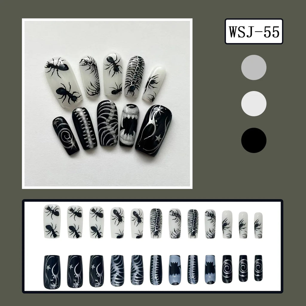 24pc Halloween Press On Nails, Silver Spider Gothic Almond Tips