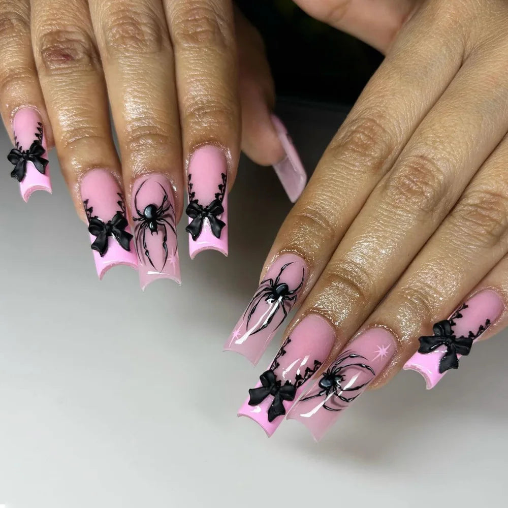 24pc Halloween Skull Press On Nails, Glitter Pink Ballet Tips