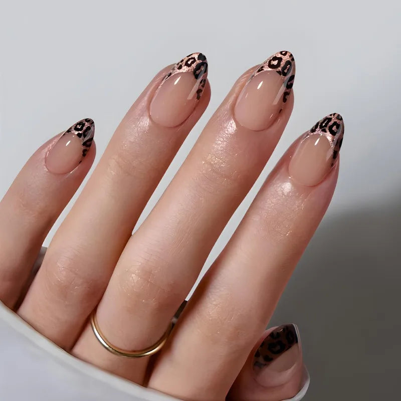 24pcs French Fake Nails Finished Almond Nails Sets with Golden Bow Design False Nail Art Simple Datachable Press on Nails Tips