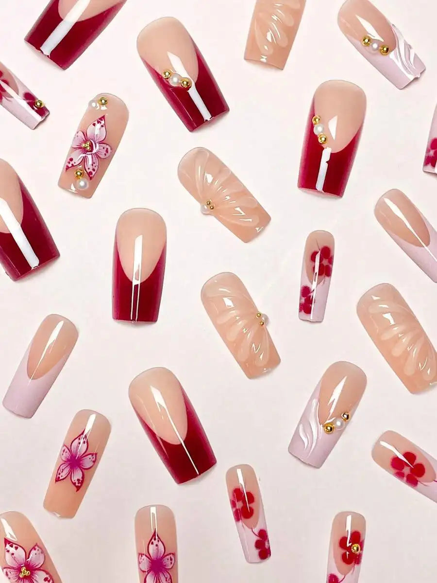 3D Pink Flower Press-On Nails with Golden Beads, Wavy Design for Women, Daily & Party Use