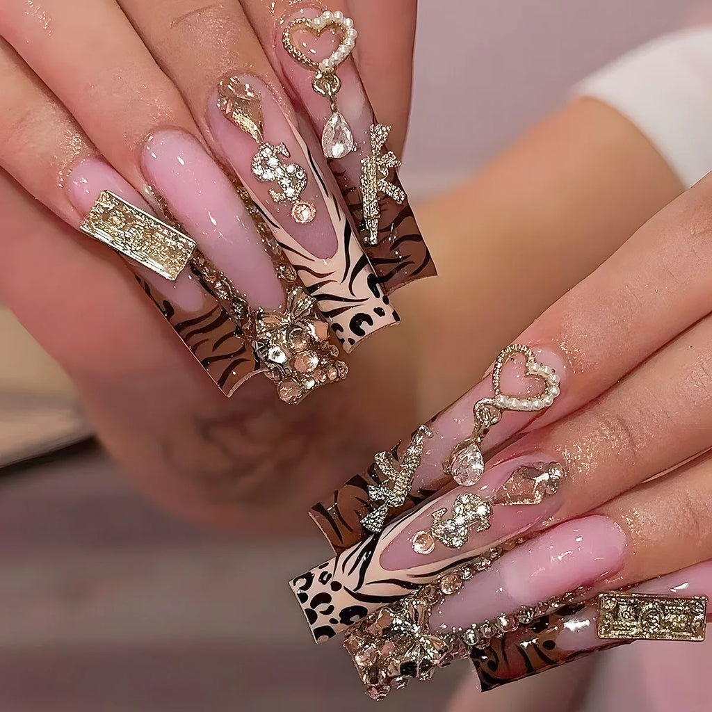 24Pcs Leopard Print Design False Nails with Bow Rhinestone Long Square Press on Nails Wearable French Ballet Fake Nail Tips