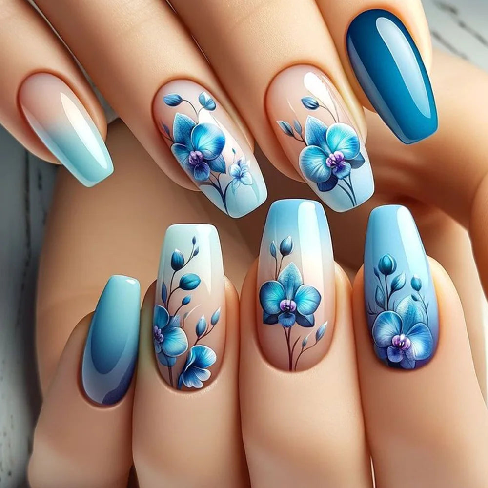 24pcs Mid-length Ballet Fake Acrylic Nails Flower Design Stick on Fake Nail Fashion Square Blue Artifical Wearable Press on Nails Tips Non-Brands
