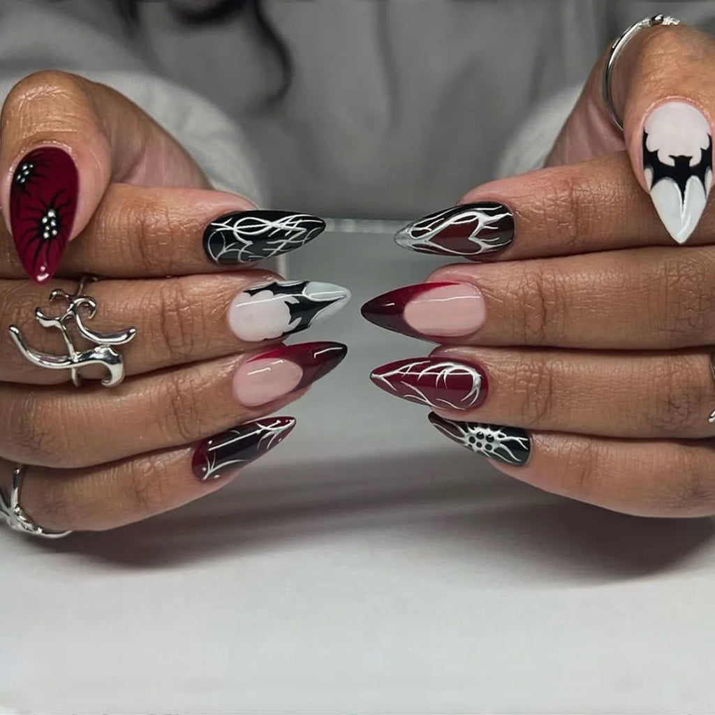 24pc Halloween Press On Nails, Silver Spider Gothic Almond Tips