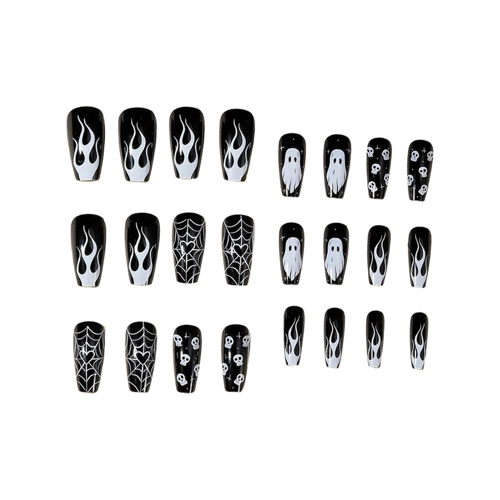 24pc Halloween Press On Nails, Black Coffin Ghost Skull Web