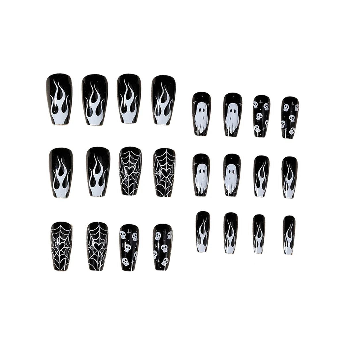 24pc Halloween Press On Nails, Black Coffin Ghost Skull Web