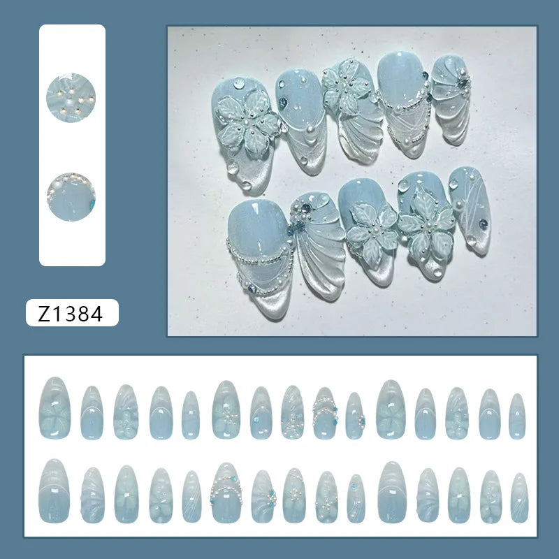 24pcs 3D Cat Eye Blue Gradient Misty Shiny Ice Clear Floral Pearl Press On Nails Glossy Dreamy Sparkling Ins European Luxury Trend Handmade Finished False Nail Patches Skin Brightening Reusable Removable Comfort Fit Manicure