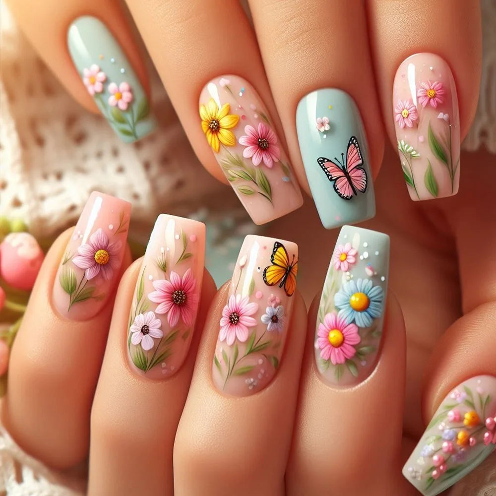 24pcs Mid-length Ballet Fake Acrylic Nails Flower Design Stick on Fake Nail Fashion Square Blue Artifical Wearable Press on Nails Tips Non-Brands