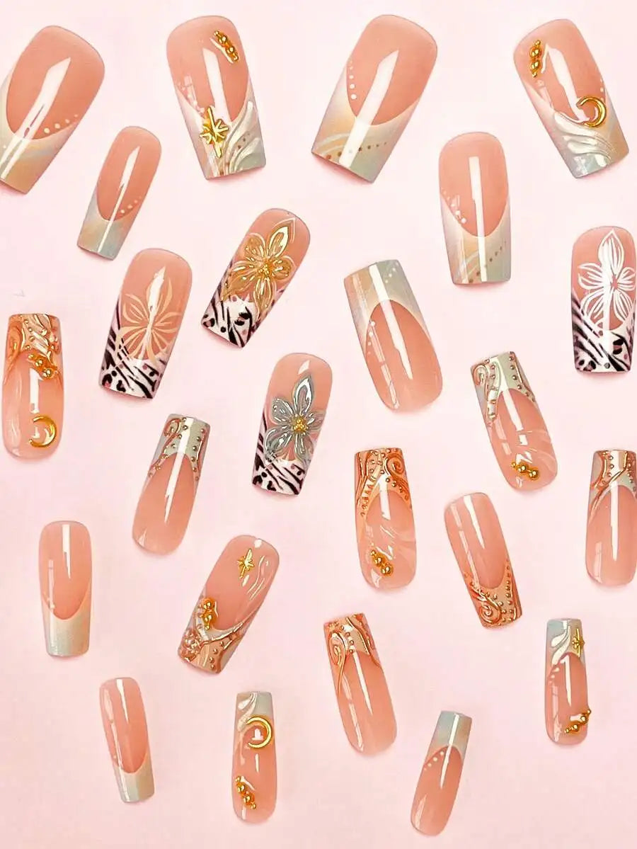 24pcs/Set Elegant 3D Floral, Wavy, Star, Moon & Pearl Designed Long Square Press-On Nails, Colorful Nail Art Accessories Suitabl