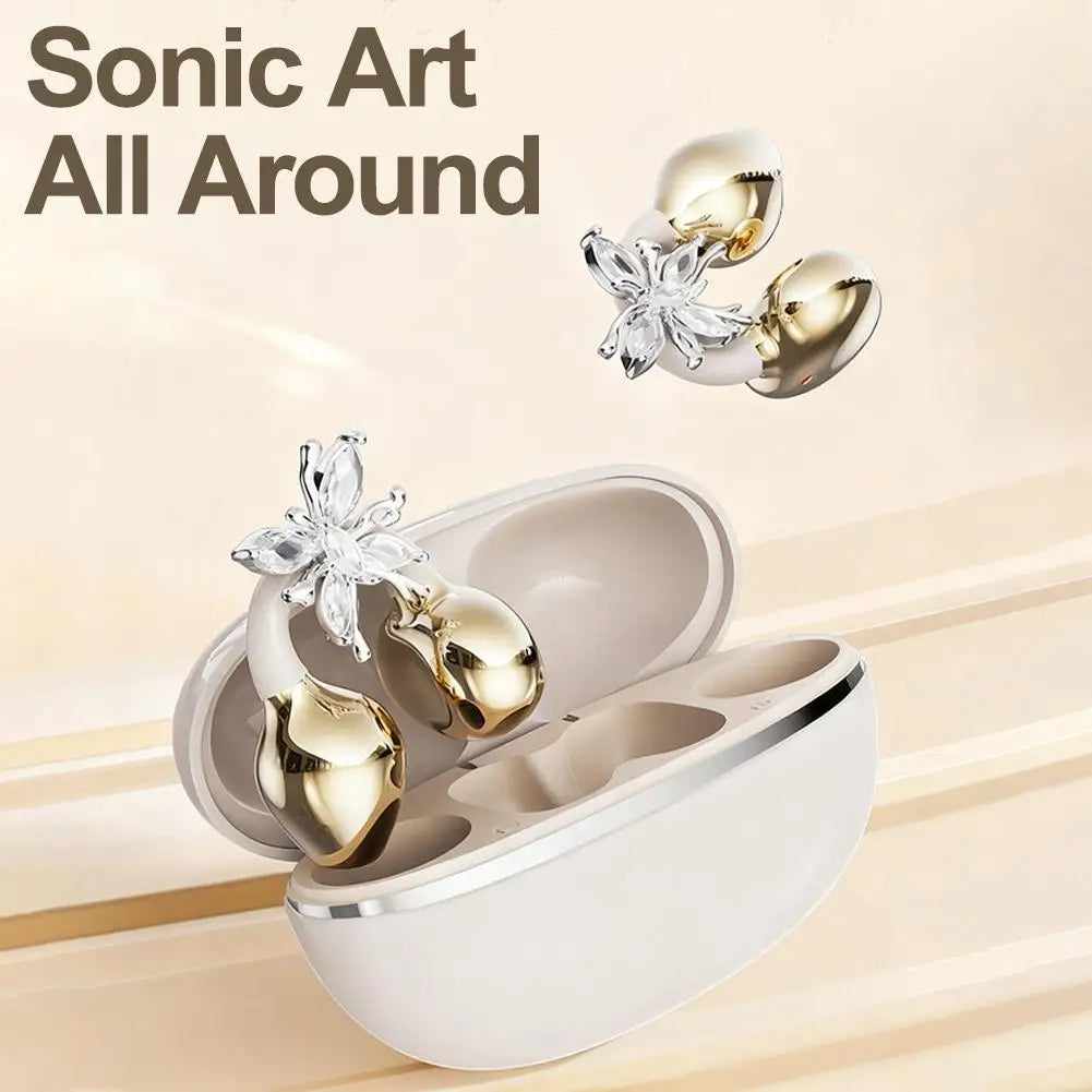 Wireless Open Ear Clip On Earbuds, Bluetooth Crystal Bowknot