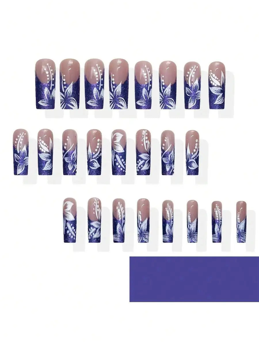 24pcs Square Long False Nails Purple French White Floral Nail Art Tips Wearable Full Coverage Removable For Women