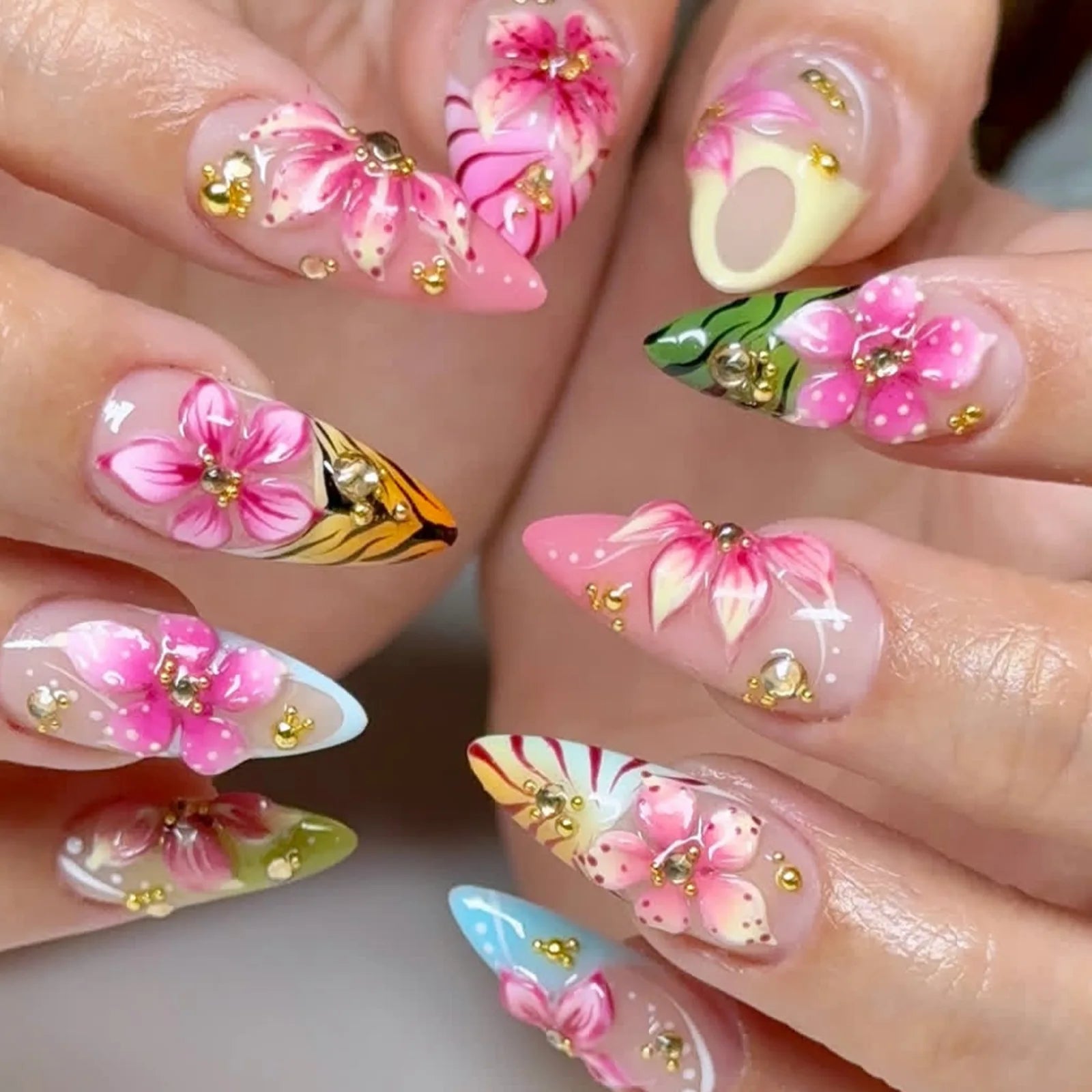 24Pcs fake nail art, light luxury style, 3D 3D drip glue flower steel ball, anniversary gift, perfect gift for women, birthday gift, holiday gift