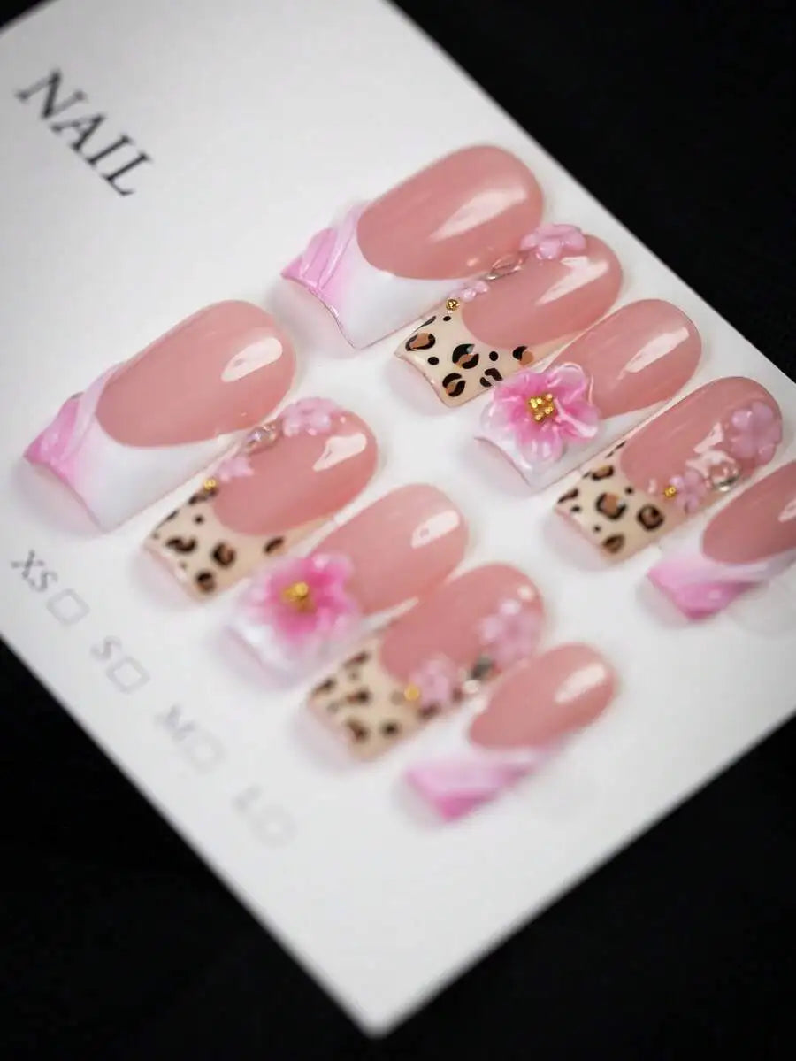 10pcs - Y2K Style Leopard Print Pink Flower Press On Nails, Pink Flower Gold Bead Square Nails - Leopard Print Design, Nude Pink Gradient, Sparkling Rhinestone Embellishment Fake Nails - Suitable For Daily, Party, And Outdoor