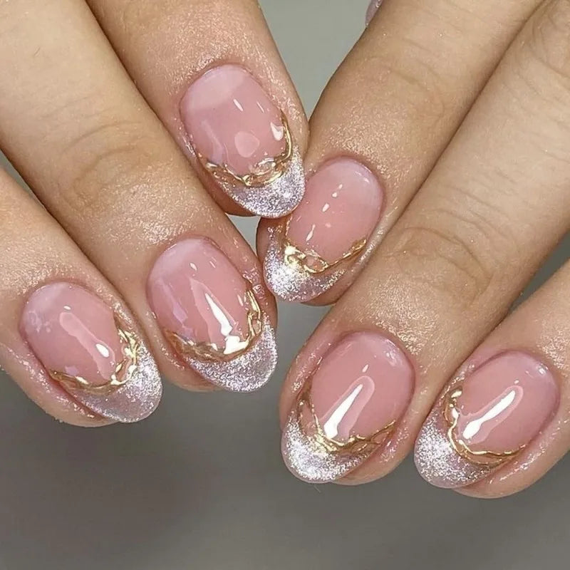 24pcs French Fake Nails Finished Almond Nails Sets with Golden Bow Design False Nail Art Simple Datachable Press on Nails Tips