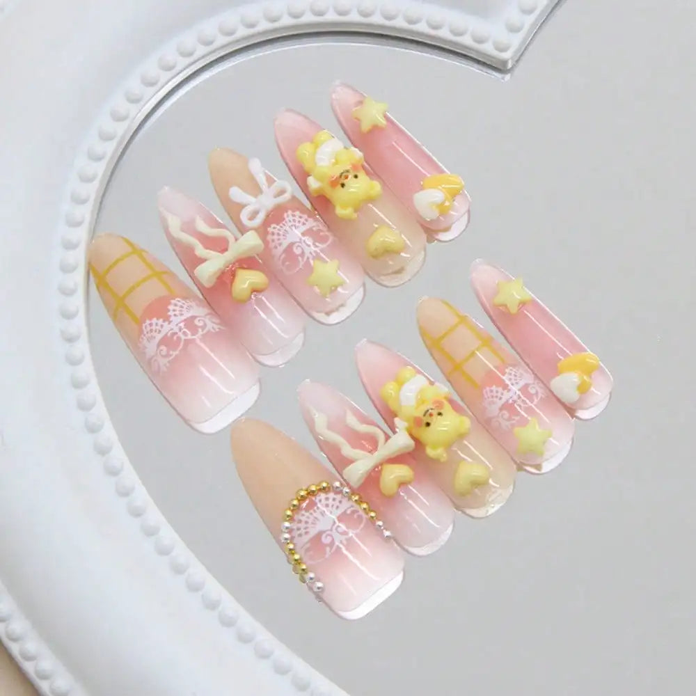 24Pcs Cute Bear Long Stiletto 3D Bear Star Nude Pink Press On Nails Sweet Lolita Manicure