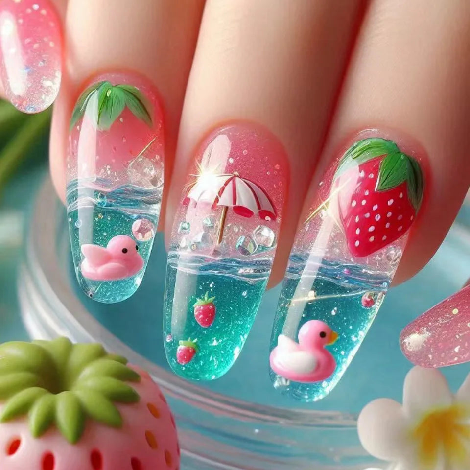24pcs Mid-length Ballet Fake Acrylic Nails Flower Design Stick on Fake Nail Fashion Square Blue Artifical Wearable Press on Nails Tips Non-Brands
