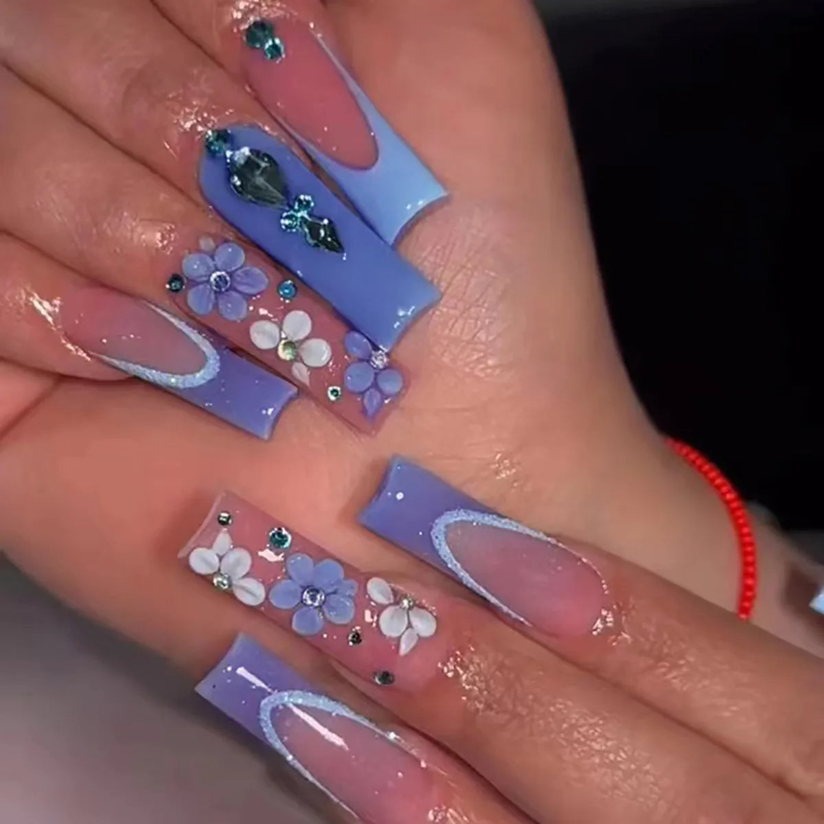 24Pcs Leopard Print Design False Nails with Bow Rhinestone Long Square Press on Nails Wearable French Ballet Fake Nail Tips