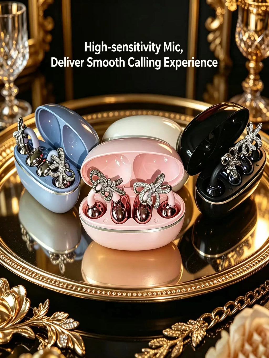 Diamond Bow Open Ear Bluetooth 5.4 Wireless Earbuds, HD Mic