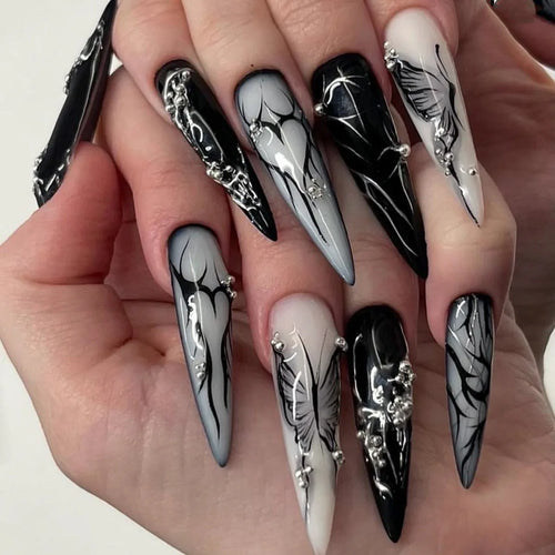 24pc Halloween Press-On Nails Black Y2K Butterfly Diamond Long Almond Tips