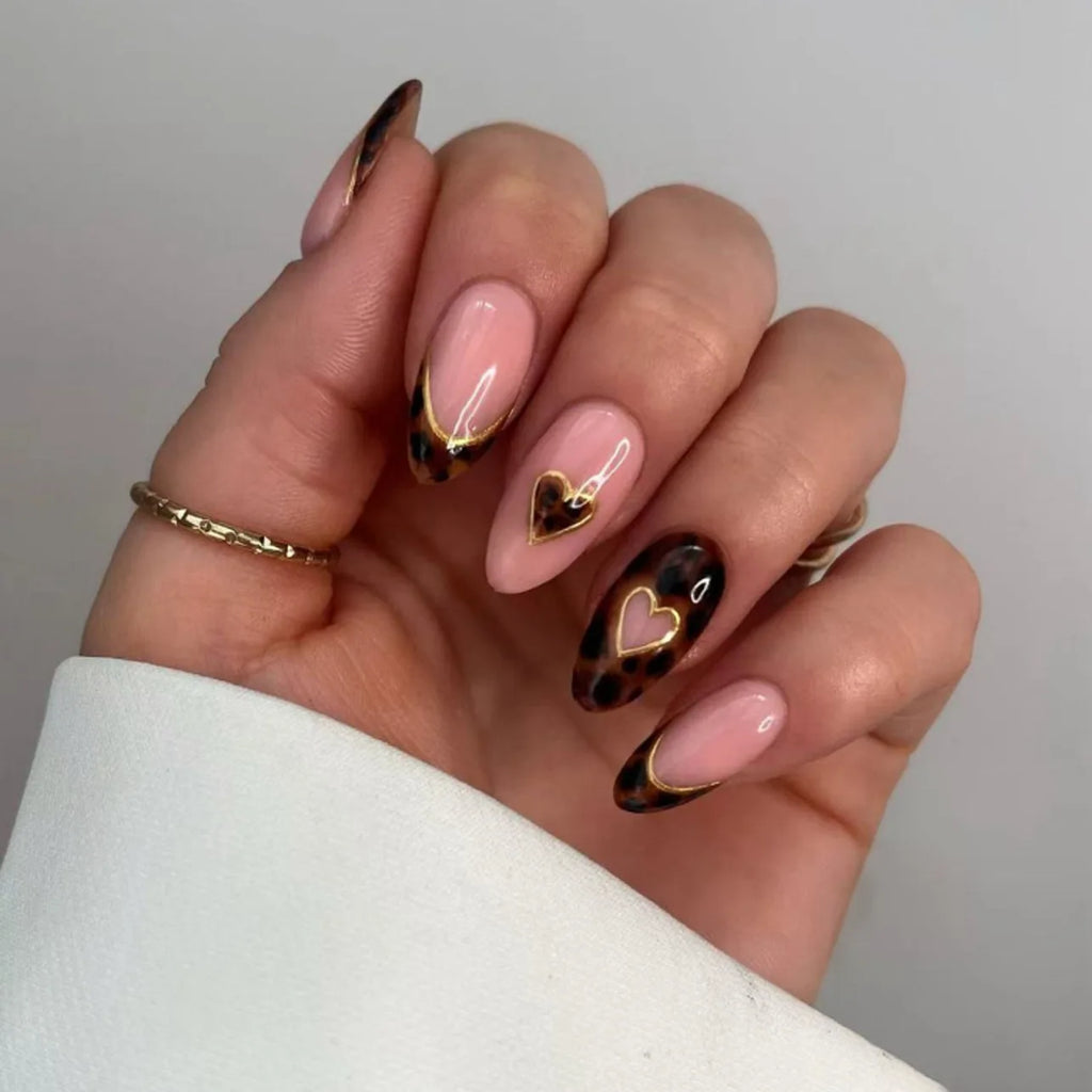 24pcs Spicy Girls French False Nails with Flower Leopard Print Design Long Almond Fake Nail Tips Brown Gold Bead Press on Nails