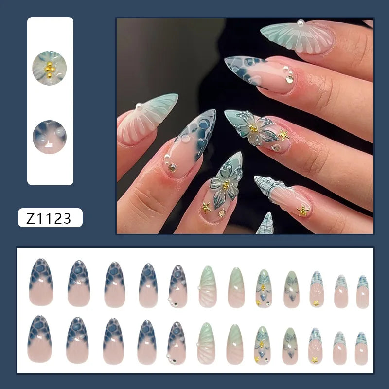24pcs 3D Retro Blue Bubble Rhinestone Pearl Gradient Starfish Press On Nails Elegant Temperament Glossy Ins European Luxury Trend Handmade Exquisite Finished False Nail Patches Skin Bright Reusable Removable Comfort Manicure