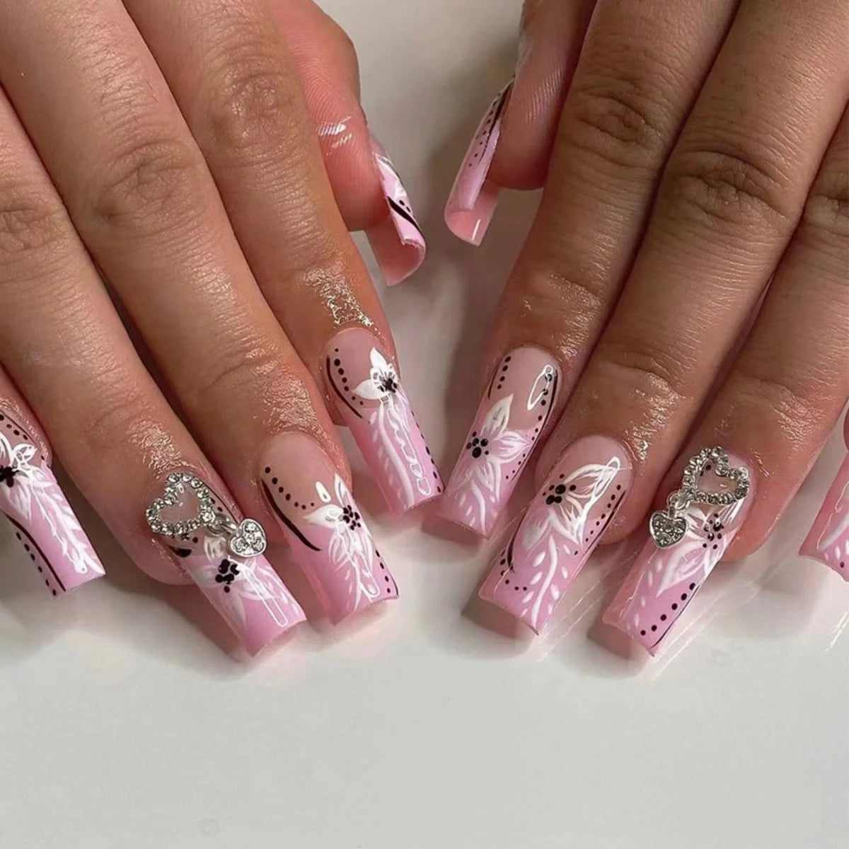 24Pcs Leopard Print Design False Nails with Bow Rhinestone Long Square Press on Nails Wearable French Ballet Fake Nail Tips