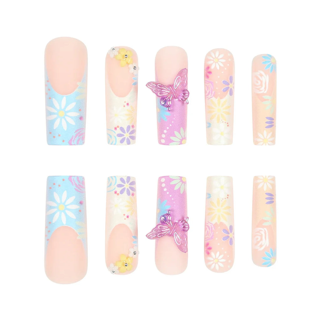 24Pcs Fake Acrylic Nails European and American wearing nail blue French wearing nail art 3D butterfly nail patch, anniversary gift, perfect gift for women, birthday gift, holiday gift Non-Brand