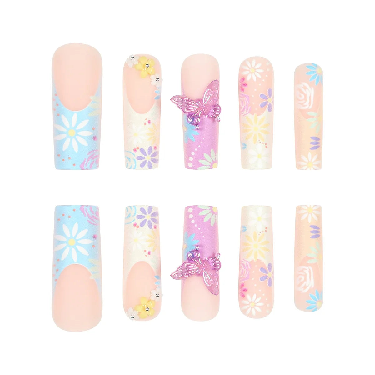 24Pcs Fake Acrylic Nails European and American wearing nail blue French wearing nail art 3D butterfly nail patch, anniversary gift, perfect gift for women, birthday gift, holiday gift Non-Brand
