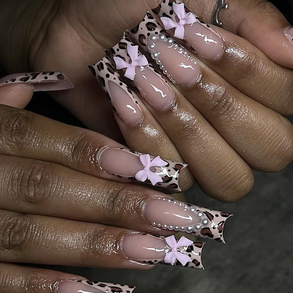 24Pcs Leopard Print Design False Nails with Bow Rhinestone Long Square Press on Nails Wearable French Ballet Fake Nail Tips