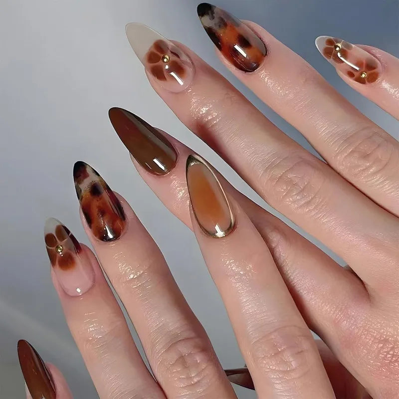 24Pcs Mid-length 3D Flowers Design Fingertips Sweet Butterfly Yellow Ripple Almond False Nails Detachable Full Cover Press Ons
