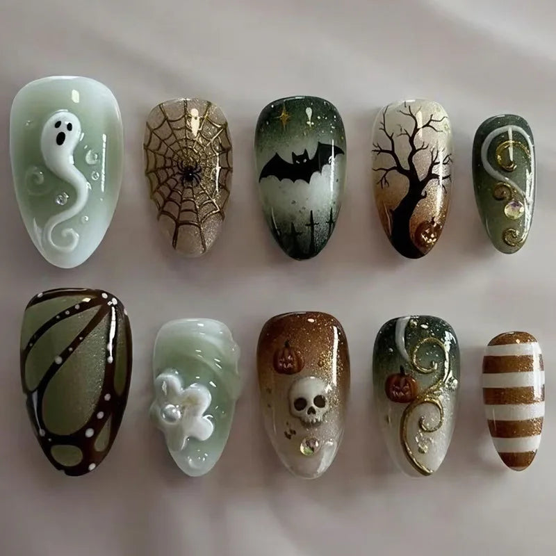 24pc Halloween Press On Nails, Silver Spider Gothic Almond Tips