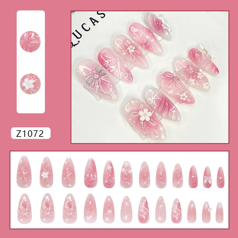 24pcs 3D Cat Eye Ice Flower Smudge Aura Butterfly Press On Nails Sweet Versatile Glossy Shimmer Ins European Trend Handmade Exquisite Finished False Nail Patches Skin Bright Reusable Removable Comfort Manicure Tips For Daily