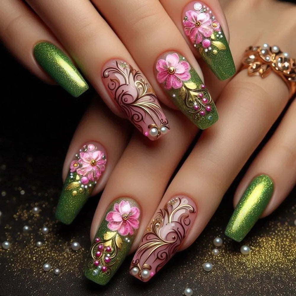 24pcs Mid-length Ballet Fake Acrylic Nails Flower Design Stick on Fake Nail Fashion Square Blue Artifical Wearable Press on Nails Tips Non-Brands