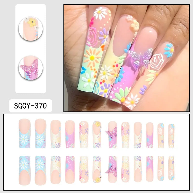 24Pcs Fake Acrylic Nails European and American wearing nail blue French wearing nail art 3D butterfly nail patch, anniversary gift, perfect gift for women, birthday gift, holiday gift Non-Brand