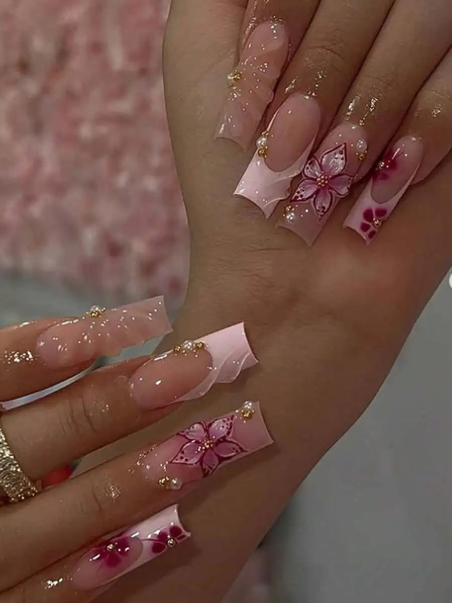 3D Pink Flower Press-On Nails with Golden Beads, Wavy Design for Women, Daily & Party Use