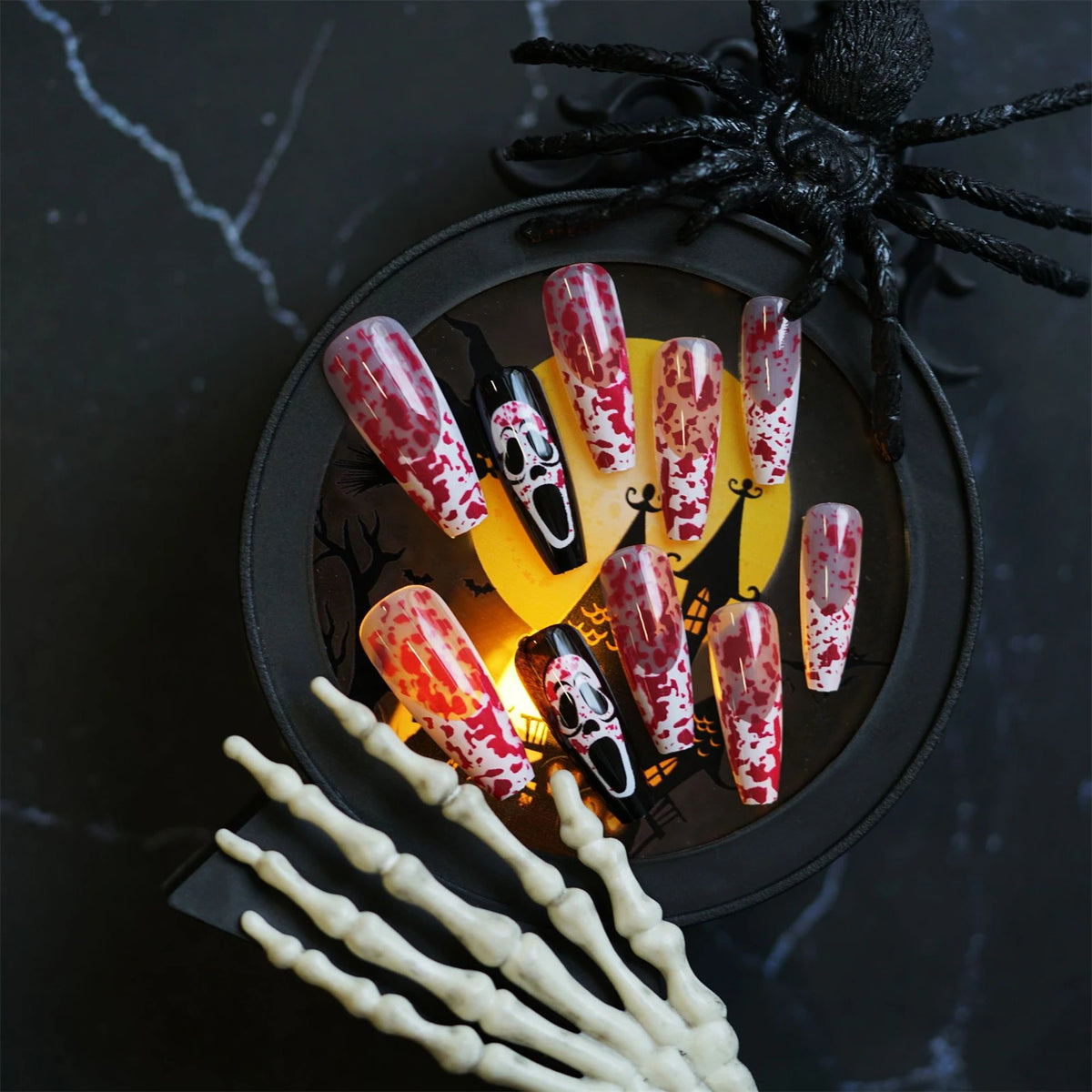 24pc Halloween Press On Nails, Long Coffin Ghost Face Design