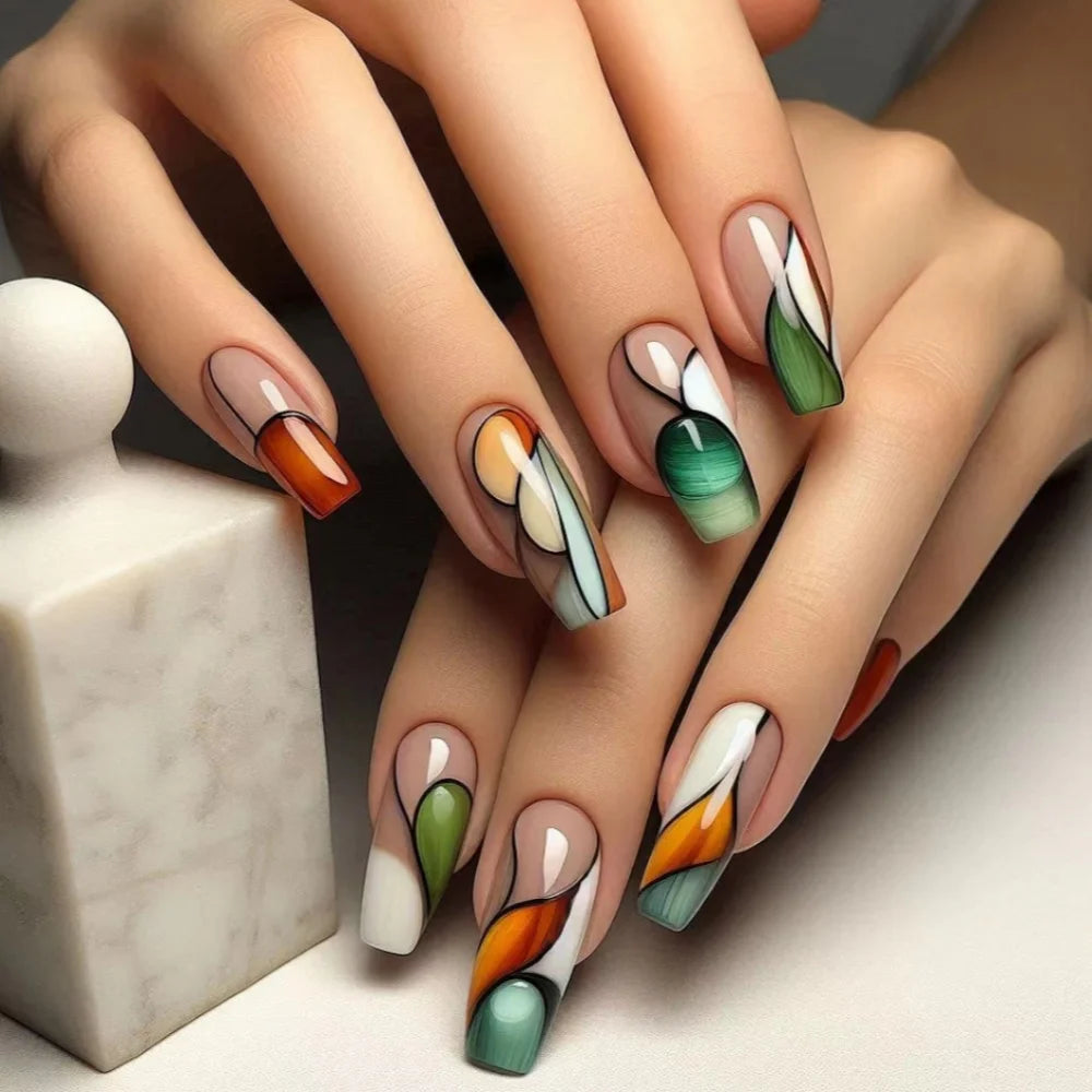 24pcs Mid-length Ballet Fake Acrylic Nails Flower Design Stick on Fake Nail Fashion Square Blue Artifical Wearable Press on Nails Tips Non-Brands