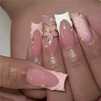 Pink Gradient Flower Press-On Nails | Gold Jewelry Nail Art