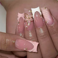 Romantic Pink Gradient Fake Nails Exquisite Flower and Gold Jewelry Fashion Personalized Nail Art Set Suitable for Women