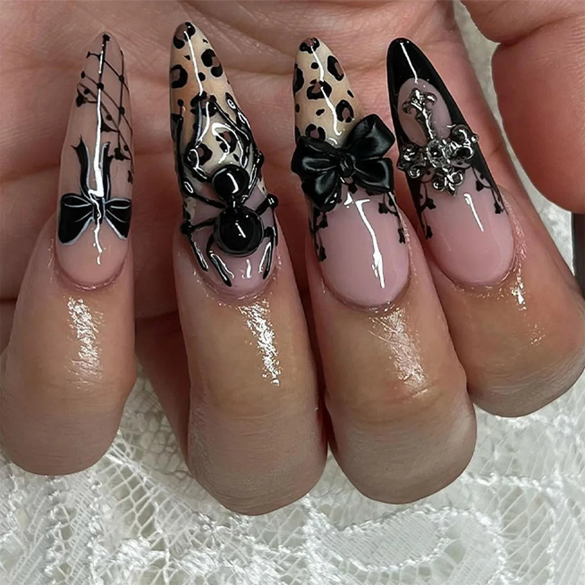 24pc Halloween Press On Nails, Silver Spider Gothic Almond Tips
