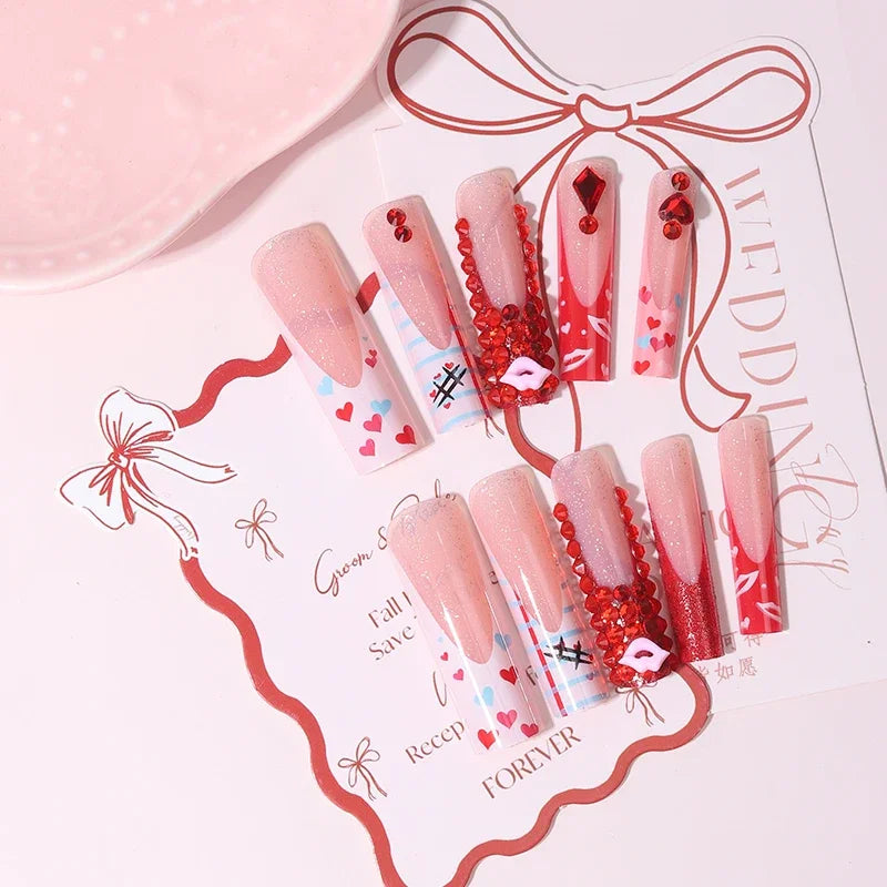 24pcs long square Press on Nails wealth decora French 3D Bow rhinestone Pink Fake Nails Cute Long Nail Art wearable detachable