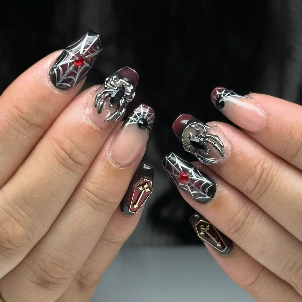 24pc Halloween Press On Nails, Silver Spider Gothic Almond Tips