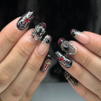 24pc Halloween Press On Nails, Silver Spider Gothic Almond Tips