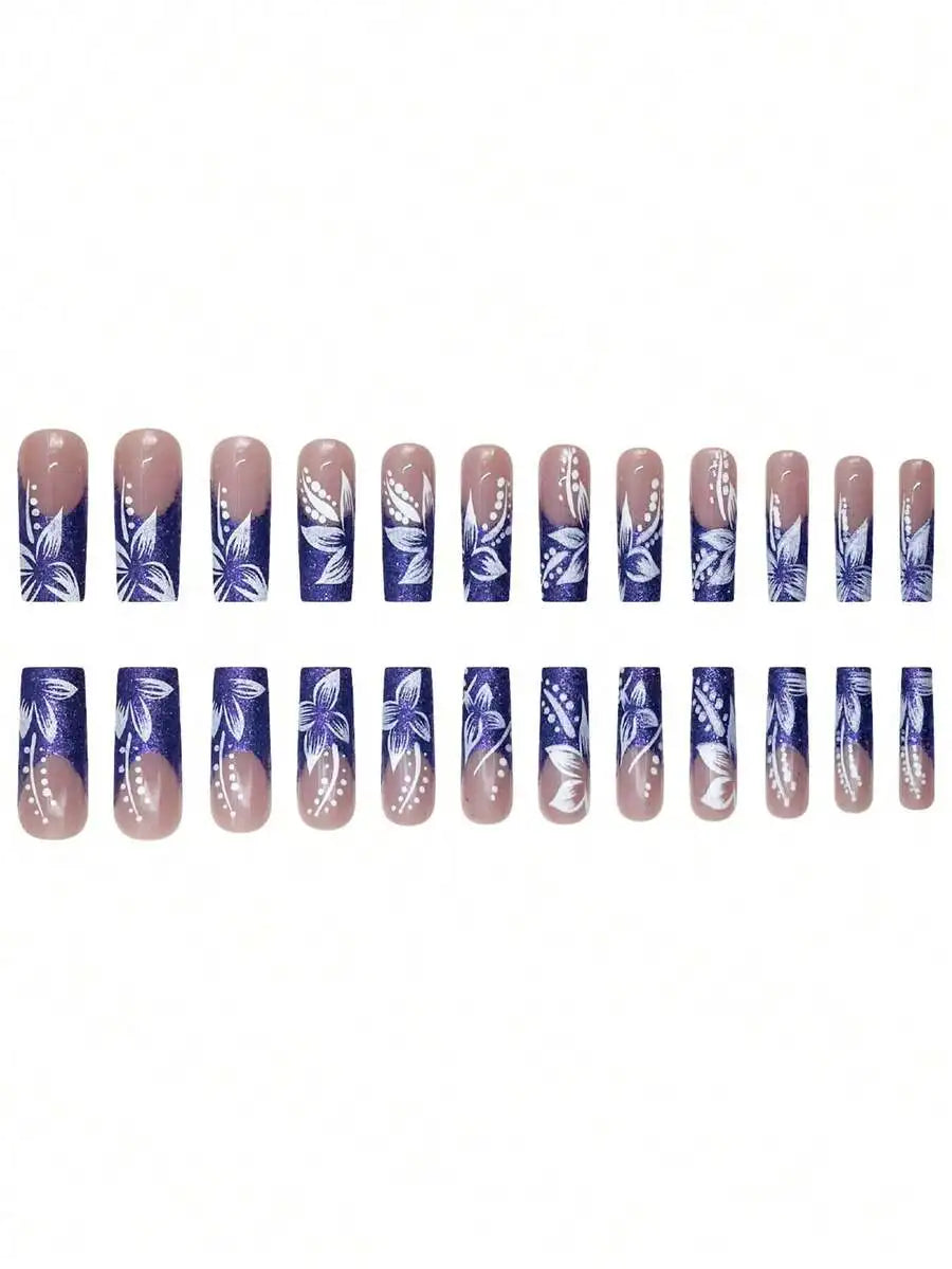 24pcs Square Long False Nails Purple French White Floral Nail Art Tips Wearable Full Coverage Removable For Women