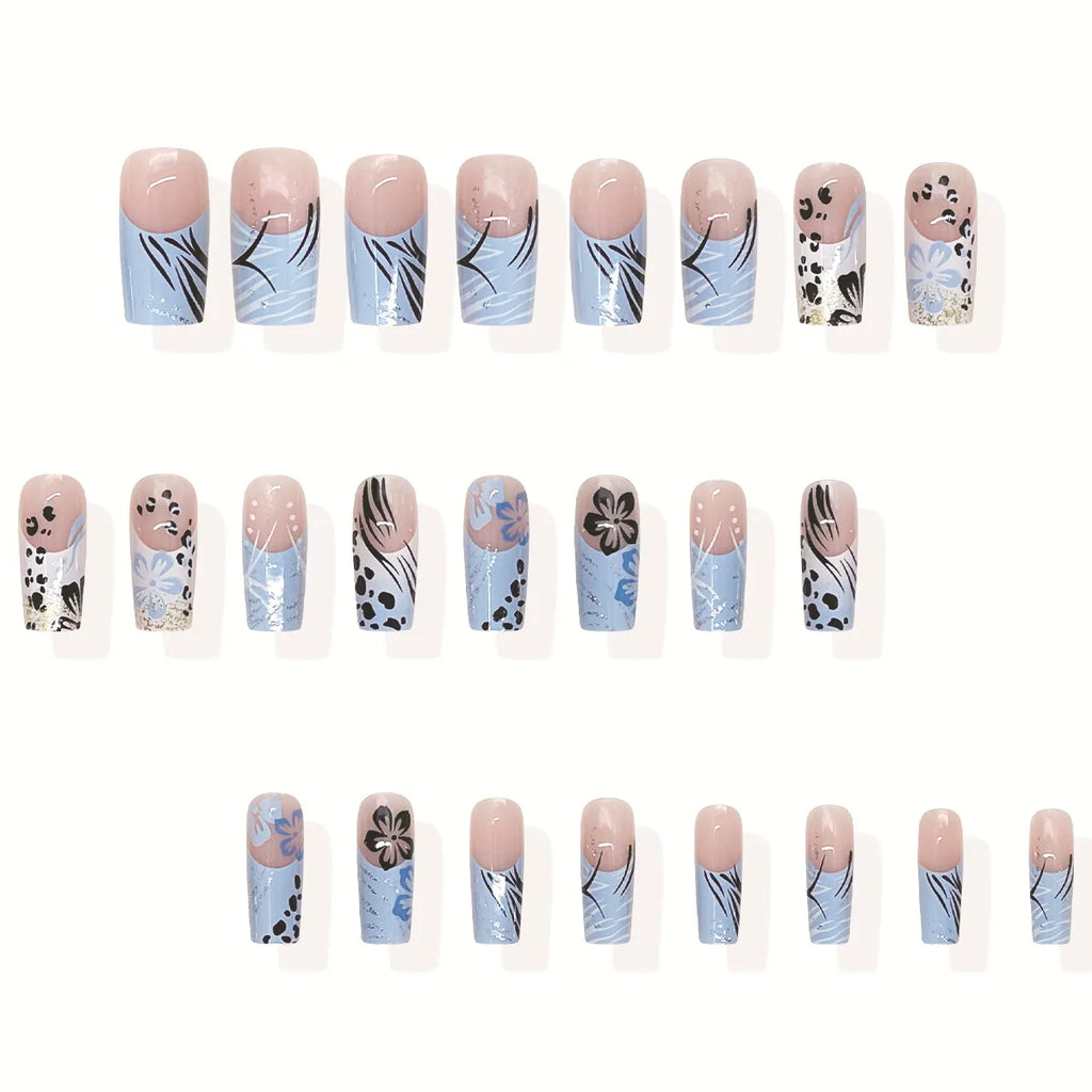 24Pcs fake nail art, summer blue and white jumping color medium long Chinese wearing nail art, fake nail patch black and white blue flower leopard print, anniversary gift, perfect gift for women, birthday gift, holiday gift