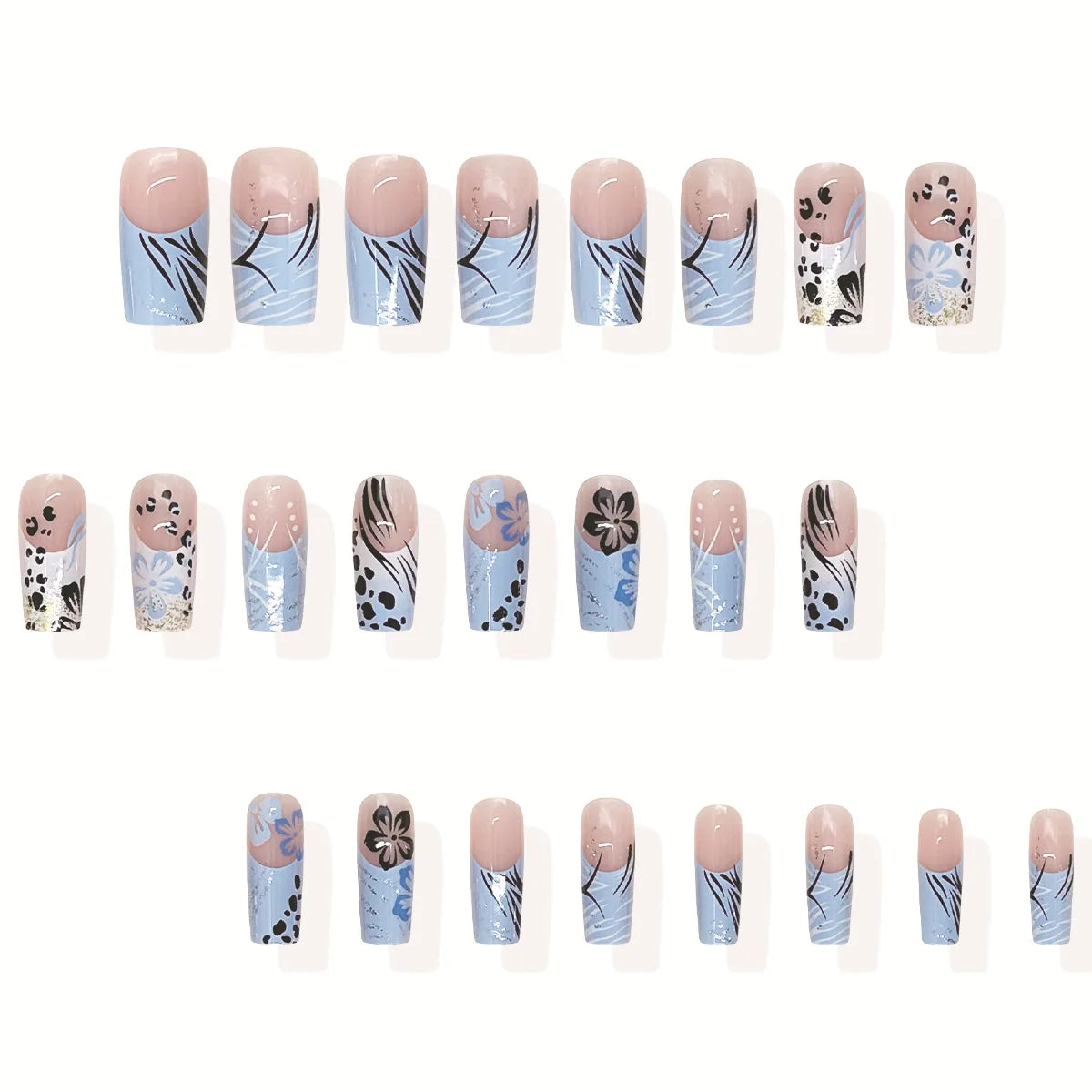24Pcs fake nail art, summer blue and white jumping color medium long Chinese wearing nail art, fake nail patch black and white blue flower leopard print, anniversary gift, perfect gift for women, birthday gift, holiday gift
