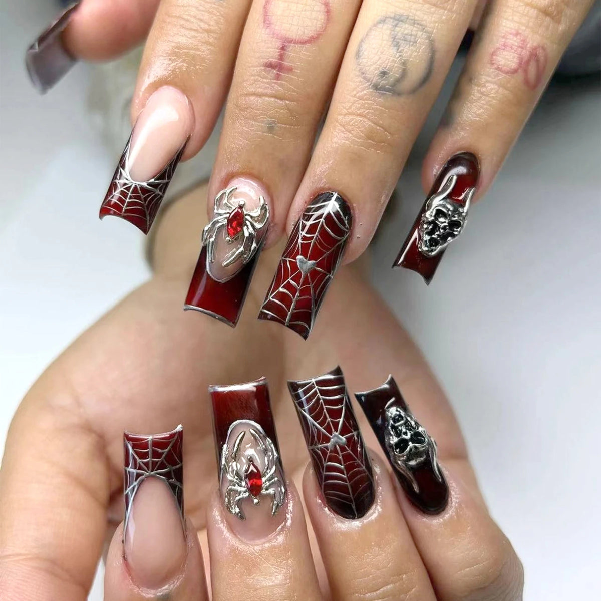 24pc Halloween Press On Nails, Silver Spider Gothic Almond Tips