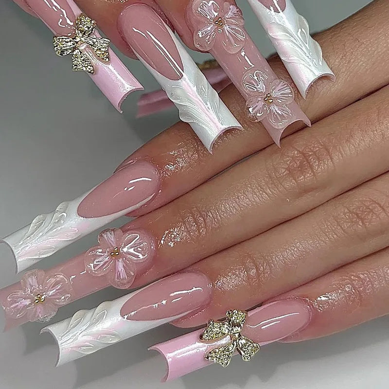 24Pcs Leopard Print Design False Nails with Bow Rhinestone Long Square Press on Nails Wearable French Ballet Fake Nail Tips